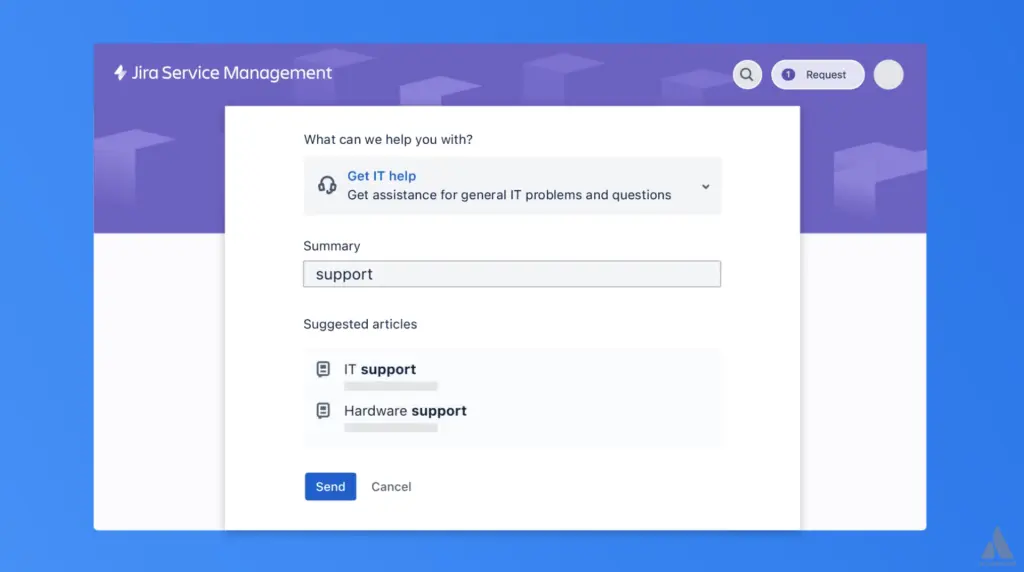 Screenshot of Jira Service Management (JSM) knowledge base function